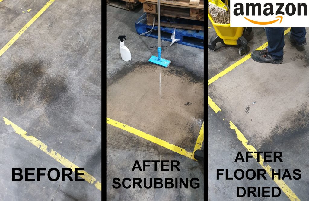 Warehouse floor cleaned with EN701 Rubber Tyre mark at Amazon warehouse